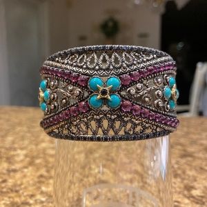 Vintage Barbara Bixby garnet, blue sapphire, turquoise cuff bracelet